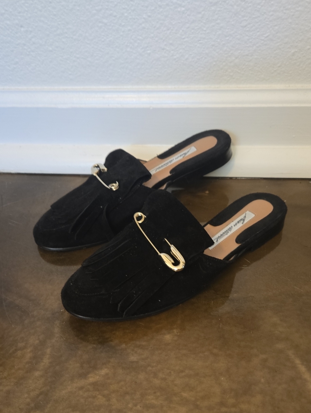 Brian Atwood Luna Black Suede Fringe Slip-On Mules Gold Safety Pin EUC 37 7 RARE